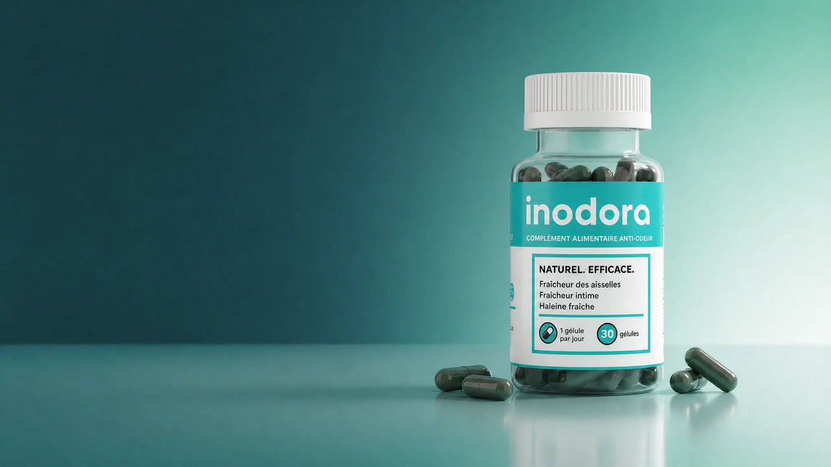 Flacon Inodora et ses gélules sur un fond turquoise